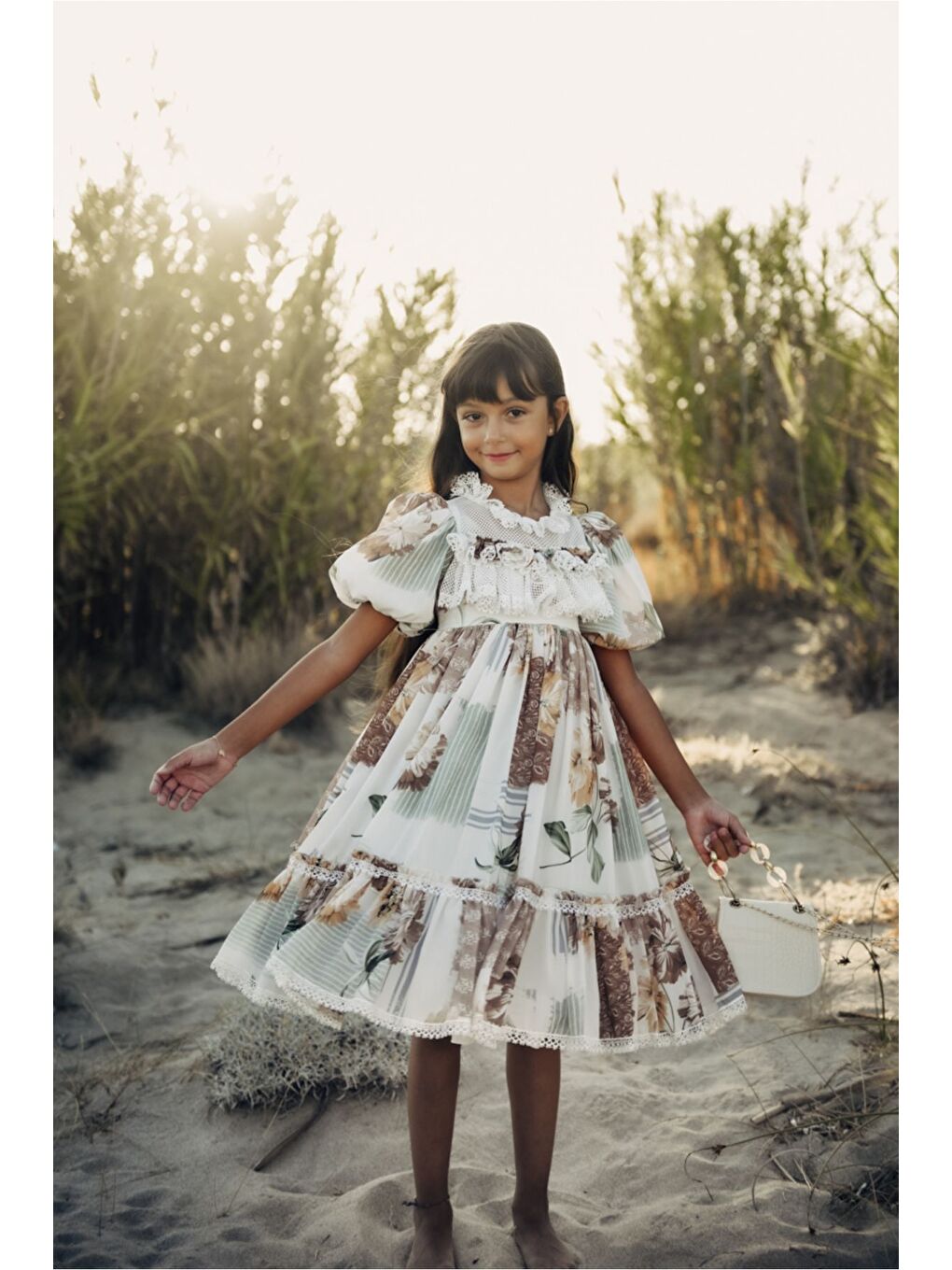 Kahverengi Özel Tasarım Kız Çocuk  Elbise Çantalı Kız Çocuk Elbisesi Doğum Günü Elbisesi Çocuk Abiye-1