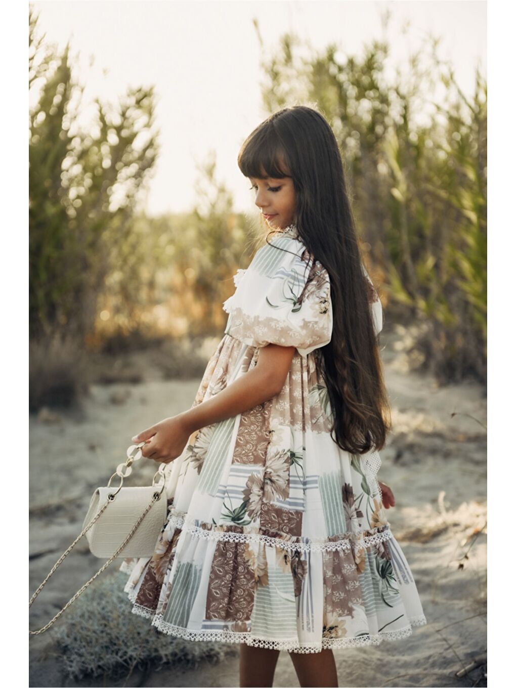Kahverengi Özel Tasarım Kız Çocuk  Elbise Çantalı Kız Çocuk Elbisesi Doğum Günü Elbisesi Çocuk Abiye-3