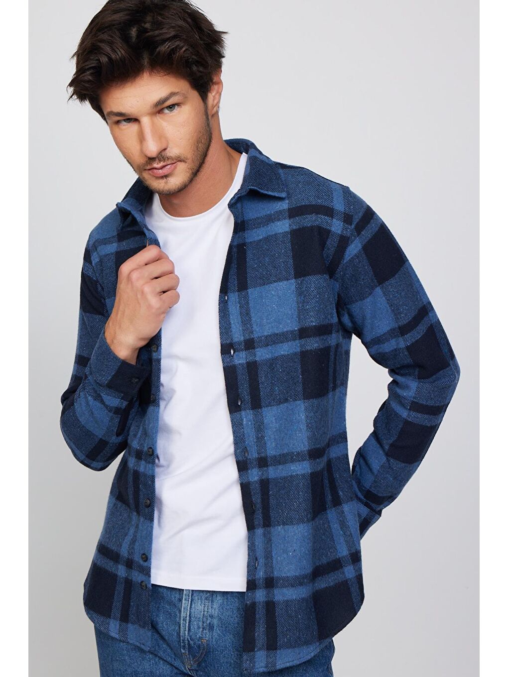 Karışık Slim Fit Dar Kesim Kareli Oduncu Mavi-Siyah Erkek Gömlek