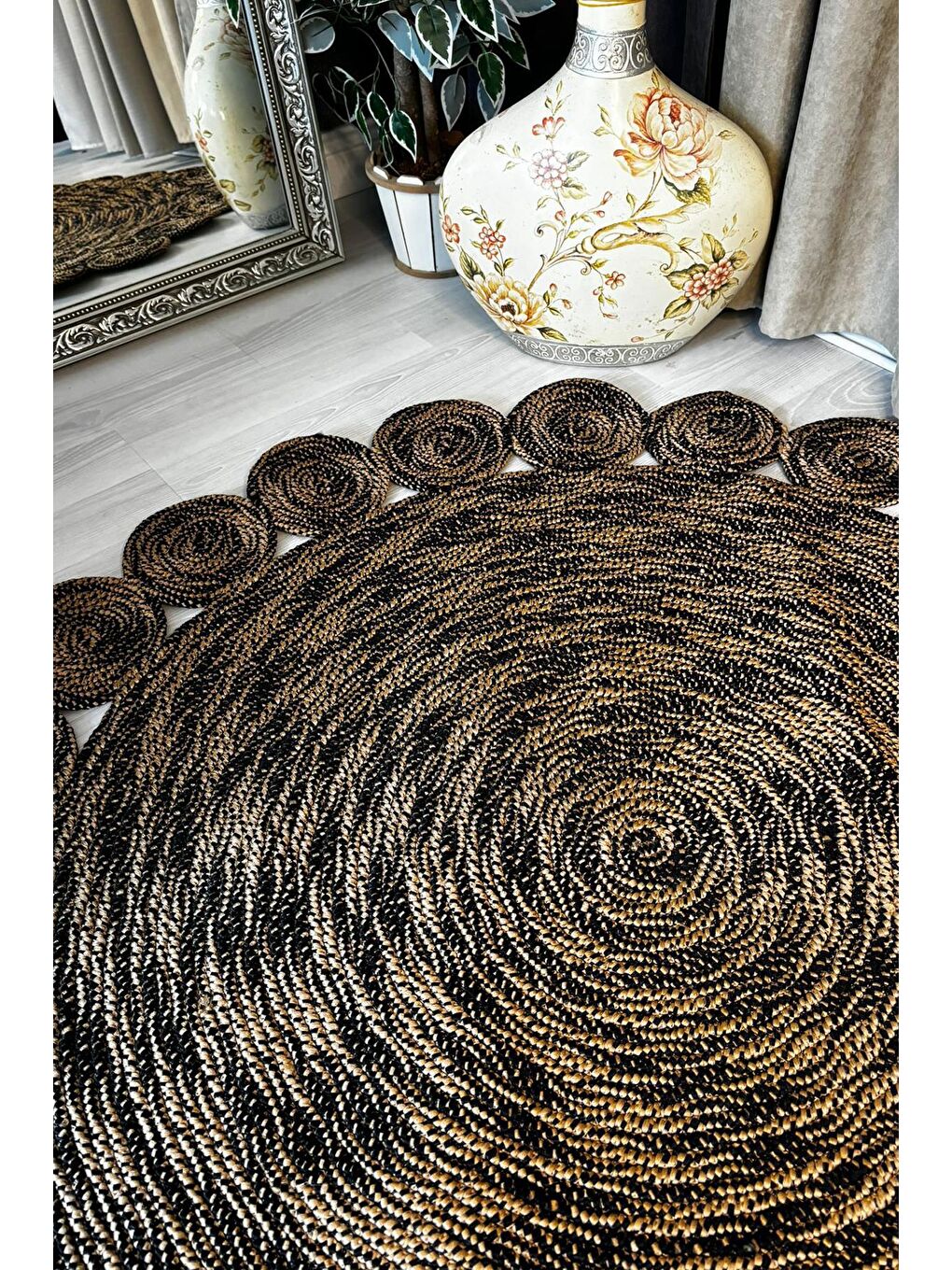 Bej Natural Jüt Halı El Dokuma Hasır Yolluk Bohem Jüt Kilim HMFJUT812 120 x 120 cm-2