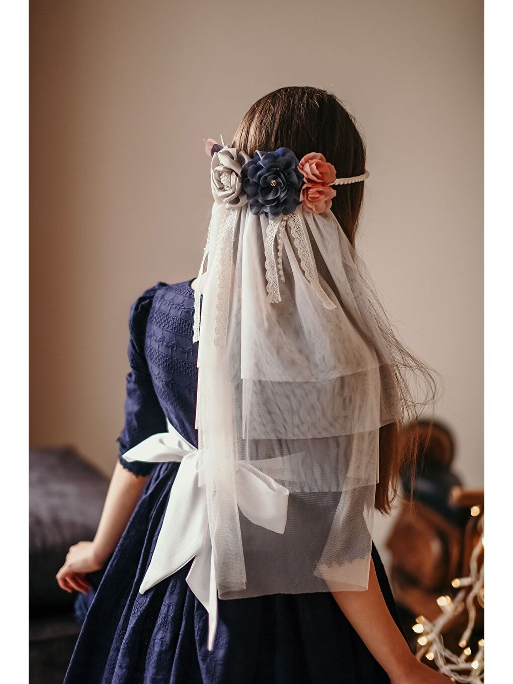 Özel Tasarım Kız Çocuk Elbise  Lacivert beyaz  Duvaklı Pamuk Brode Ve Tül Detaylı Uzun Elbise_M2-3