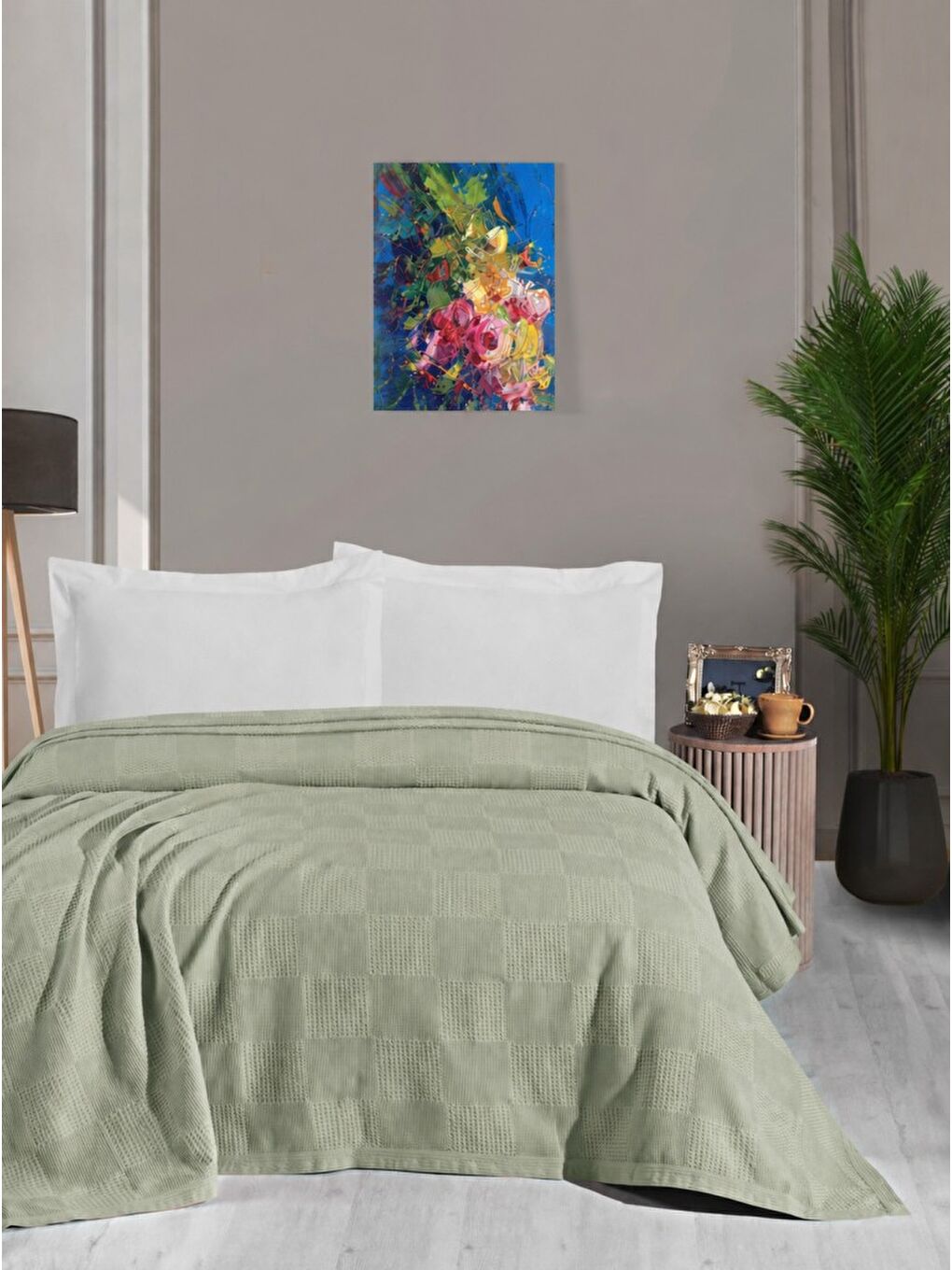Haki Waflle Desenli Pike Battaniye %100 Pamuk Kalın İplik Yumuşak Battal Boy 240 x 260