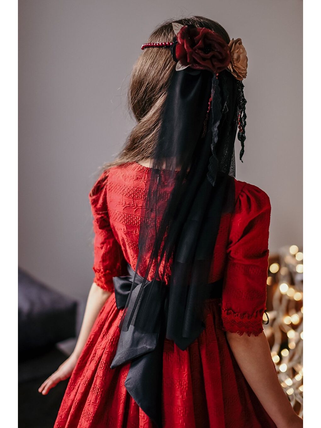 Kırmızı Özel Tasarım Kız Çocuk Elbise  Lacivert beyaz  Duvaklı Pamuk Brode Ve Tül Detaylı Uzun Elbise_M2-3