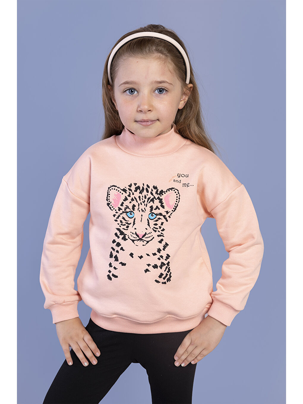 Pembe Kız Çocuk Baskılı Balıkçı Yaka Pamuklu Sweatshirt