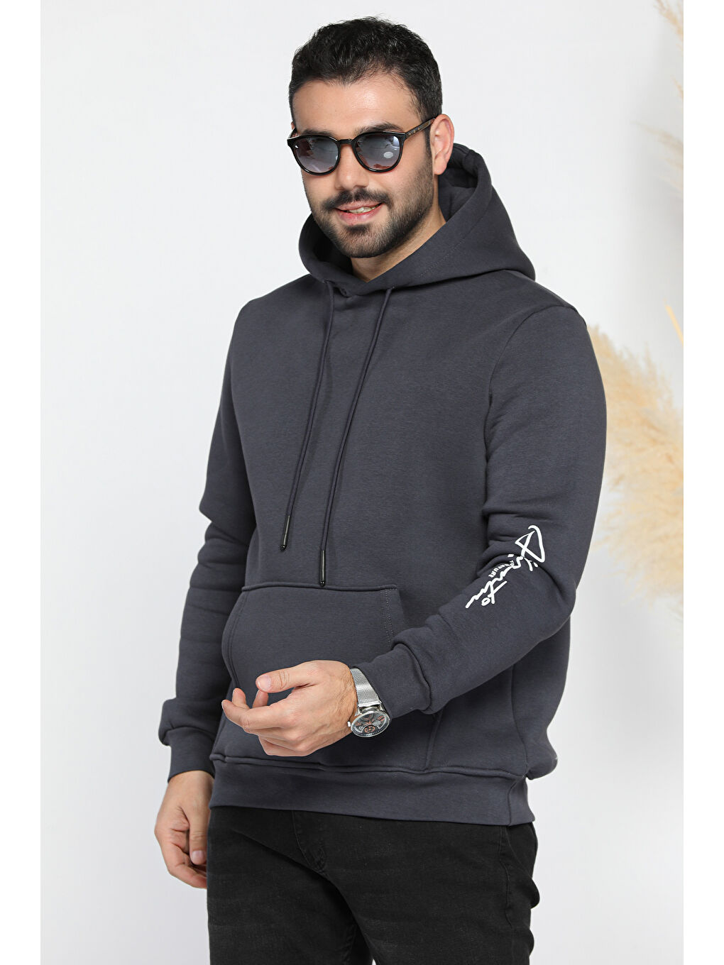 Mishar İtalia Gri Erkek Kapüşonlu Şardonlu Baskılı Sweatshirt