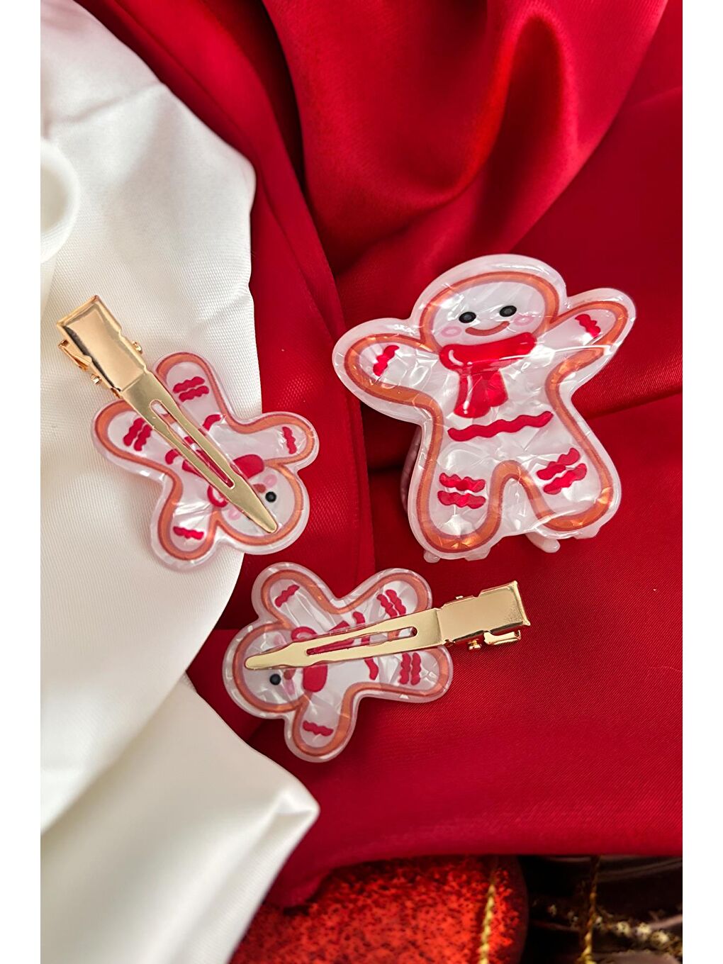 Turuncu Yılbaşı Desenli İz Bırakmayan Pens Toka ve Yılbaşı Figürlü Asetat Mandal Toka Seti 3'lü paket-1