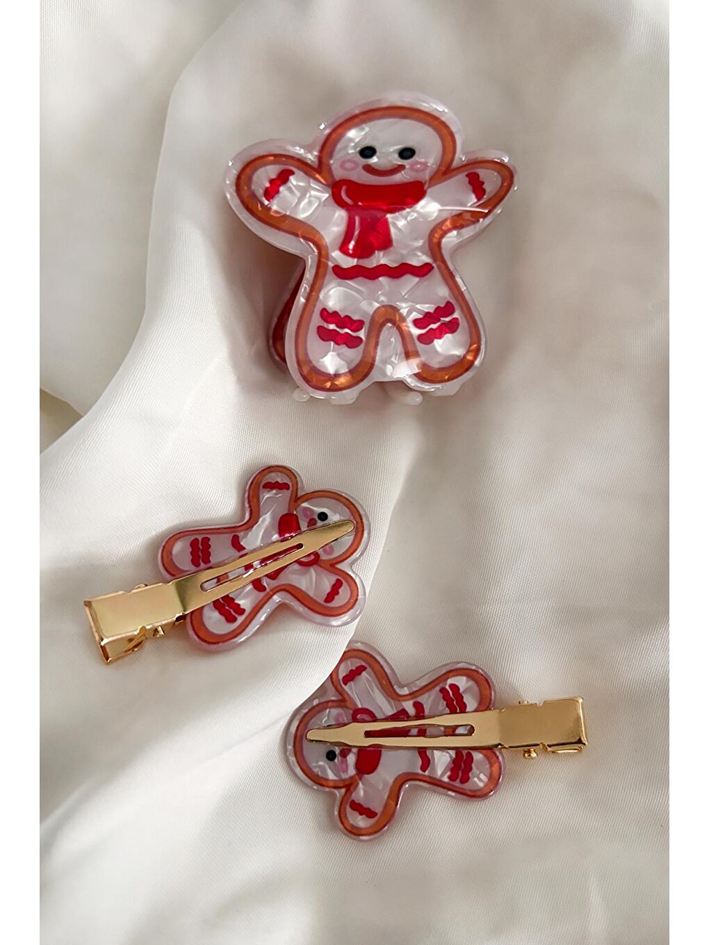 Turuncu Yılbaşı Desenli İz Bırakmayan Pens Toka ve Yılbaşı Figürlü Asetat Mandal Toka Seti 3'lü paket-2