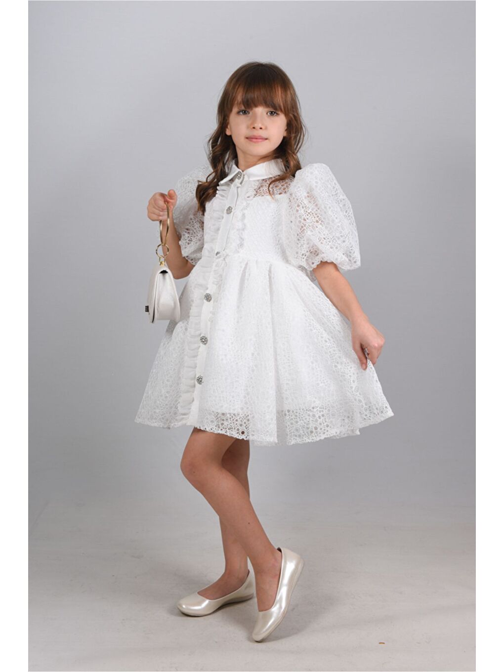 Beyaz Kız Çocuk Abiye Elbise, Çanta Aksesuarlı, Yakalı ve Dantelli Kız Çocuk Elbisesi_M2424-1