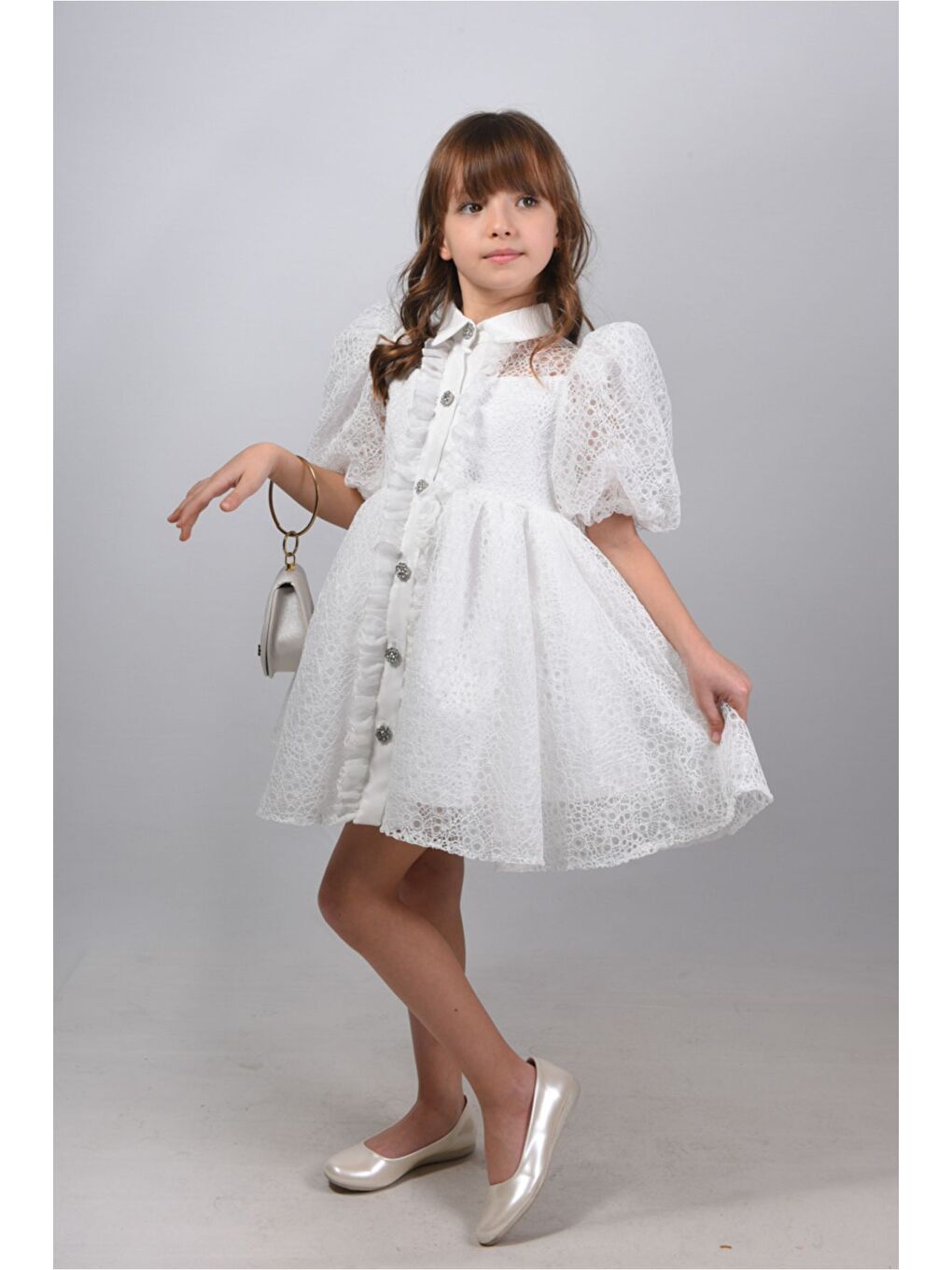 Beyaz Kız Çocuk Abiye Elbise, Çanta Aksesuarlı, Yakalı ve Dantelli Kız Çocuk Elbisesi_M2424-3
