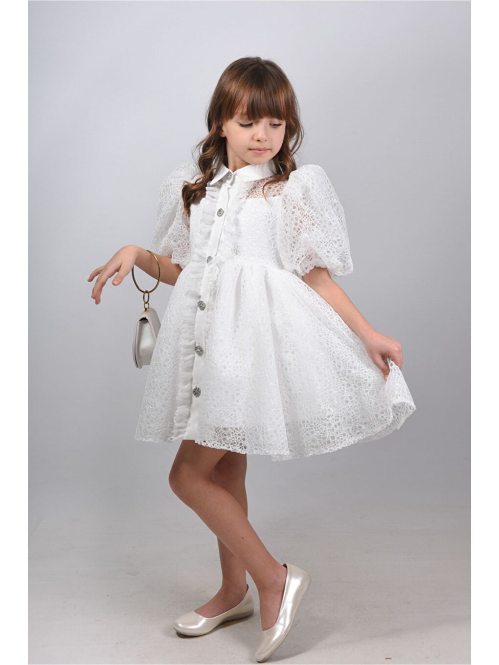 Beyaz Kız Çocuk Abiye Elbise, Çanta Aksesuarlı, Yakalı ve Dantelli Kız Çocuk Elbisesi_M2424-4