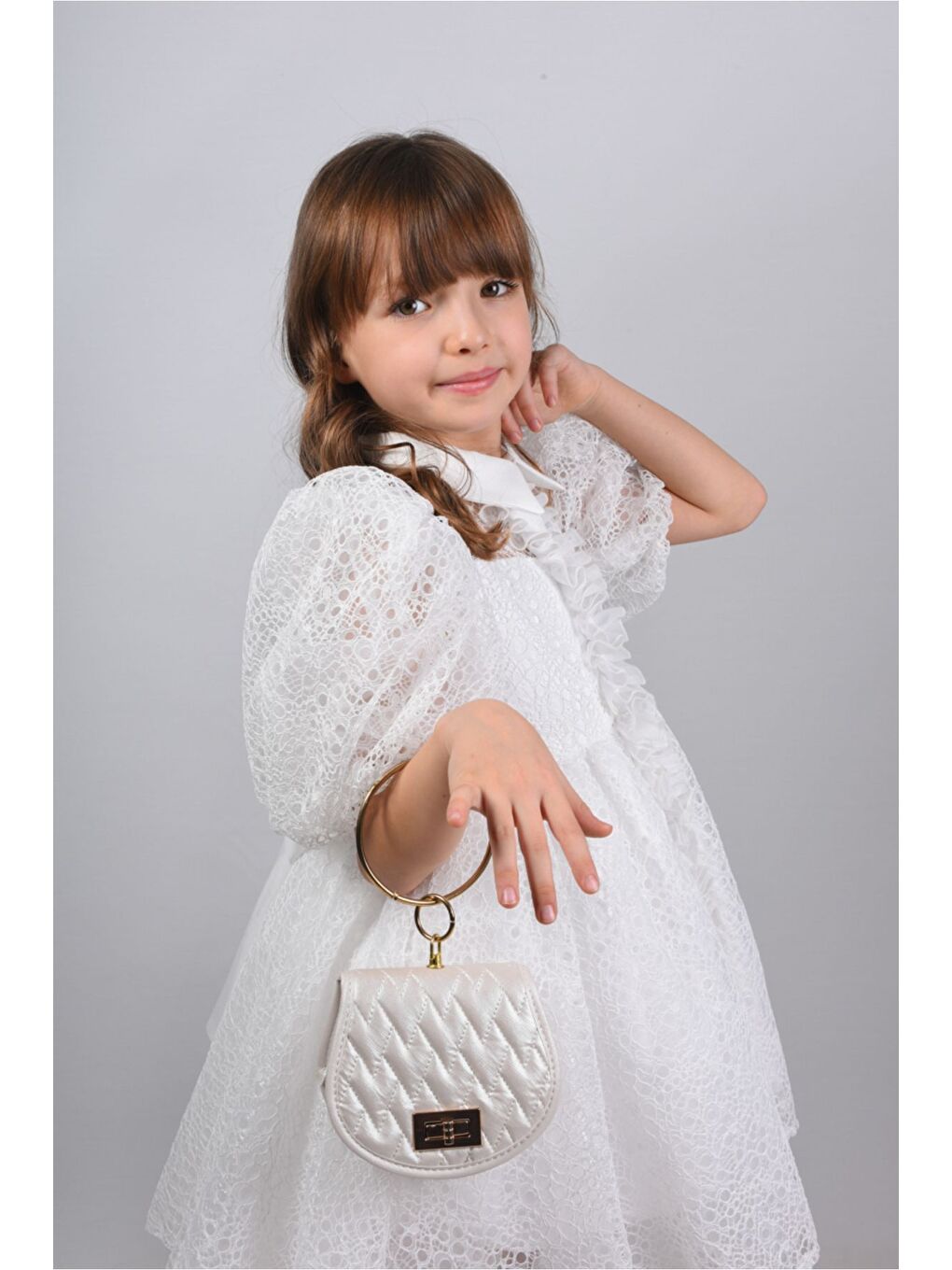 Beyaz Kız Çocuk Abiye Elbise, Çanta Aksesuarlı, Yakalı ve Dantelli Kız Çocuk Elbisesi_M2424-5