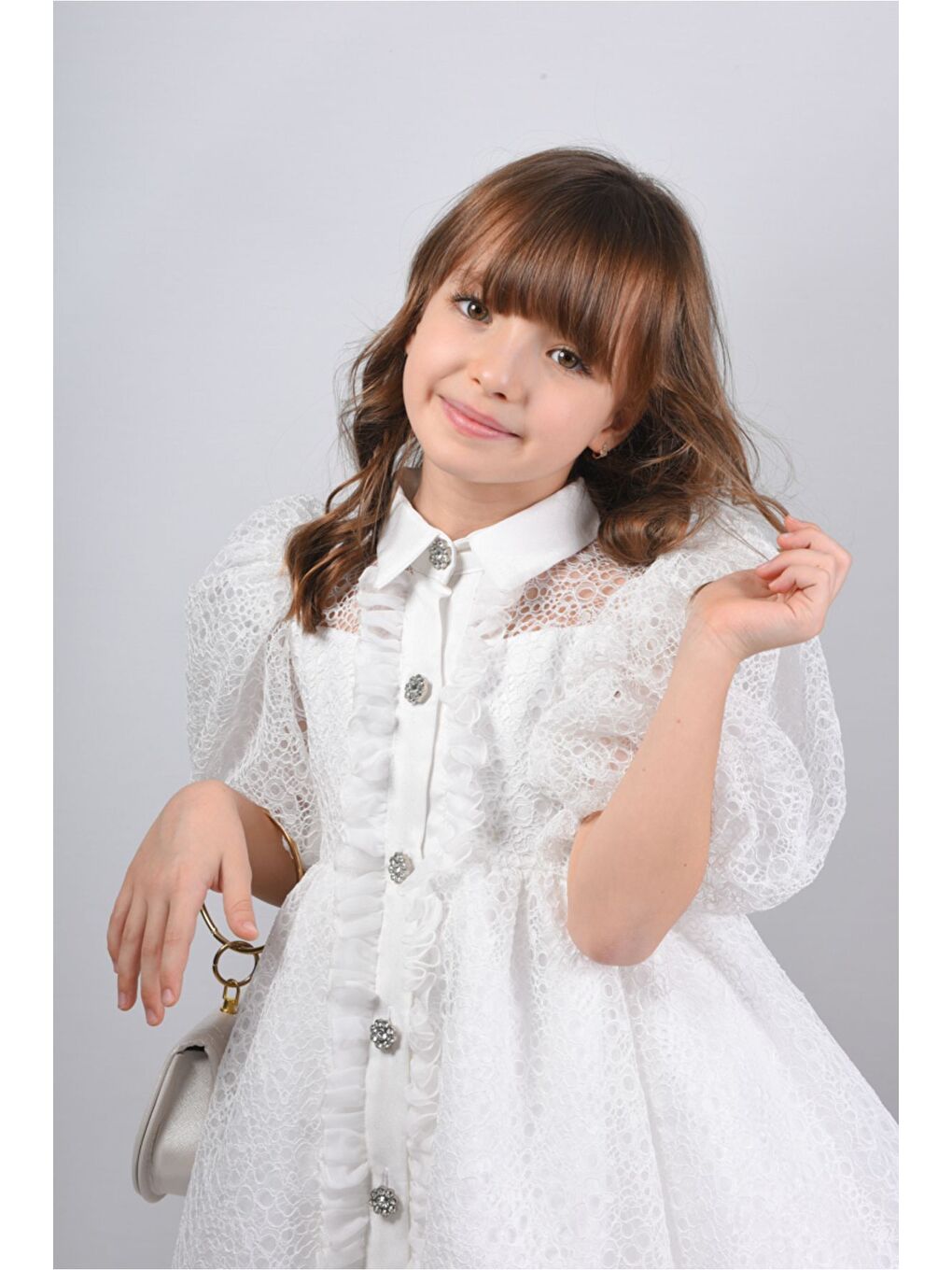 Beyaz Kız Çocuk Abiye Elbise, Çanta Aksesuarlı, Yakalı ve Dantelli Kız Çocuk Elbisesi_M2424-6