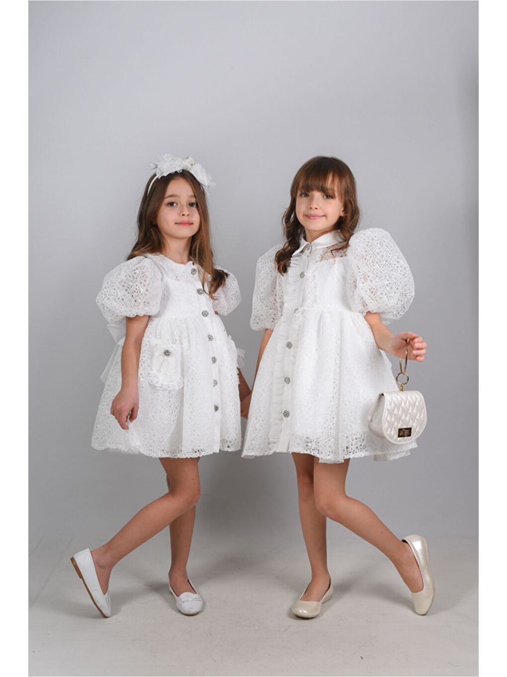Beyaz Kız Çocuk Abiye Elbise, Çanta Aksesuarlı, Yakalı ve Dantelli Kız Çocuk Elbisesi_M2424-7