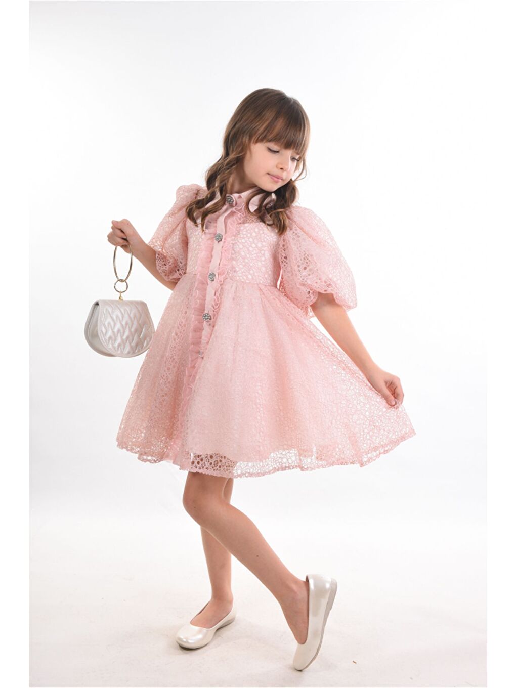 Pembe Kız Çocuk Abiye Elbise, Çanta Aksesuarlı, Yakalı ve Dantelli Kız Çocuk Elbisesi_M2424-1