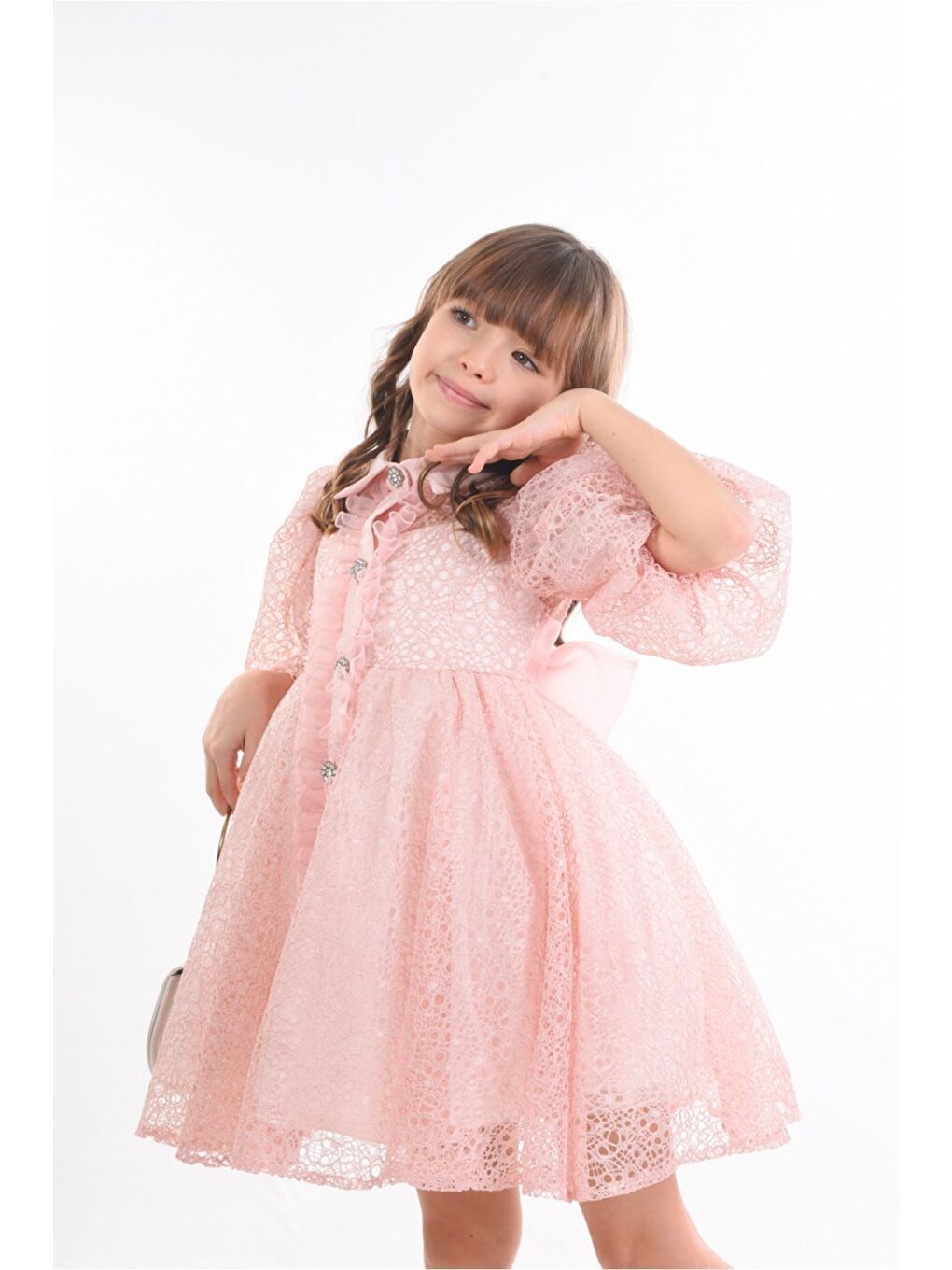 Pembe Kız Çocuk Abiye Elbise, Çanta Aksesuarlı, Yakalı ve Dantelli Kız Çocuk Elbisesi_M2424-3
