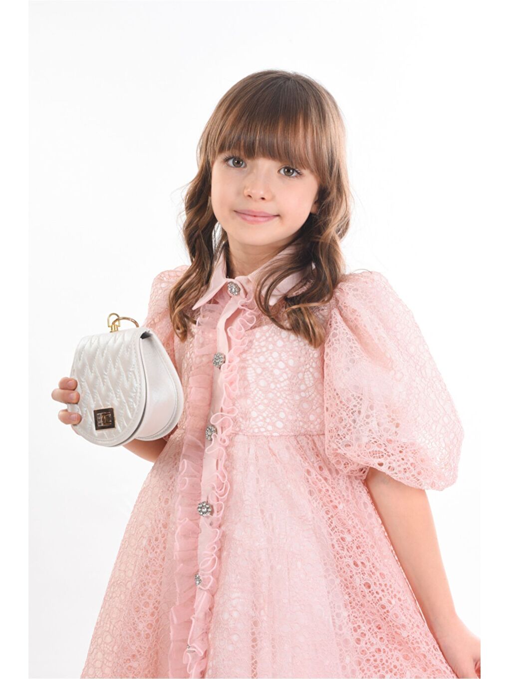 Pembe Kız Çocuk Abiye Elbise, Çanta Aksesuarlı, Yakalı ve Dantelli Kız Çocuk Elbisesi_M2424-4