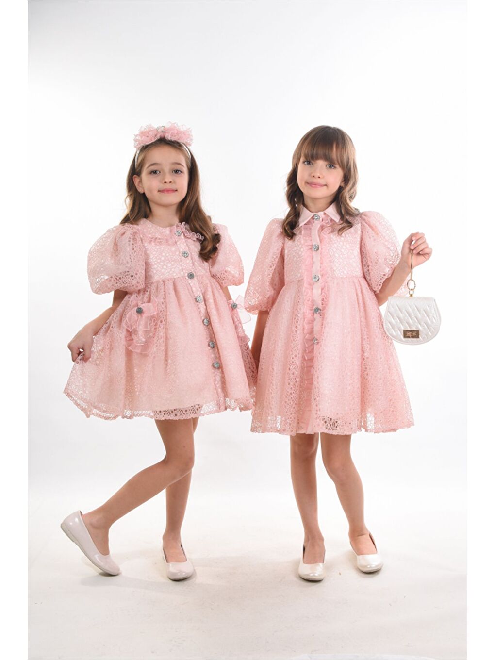 Pembe Kız Çocuk Abiye Elbise, Çanta Aksesuarlı, Yakalı ve Dantelli Kız Çocuk Elbisesi_M2424-5