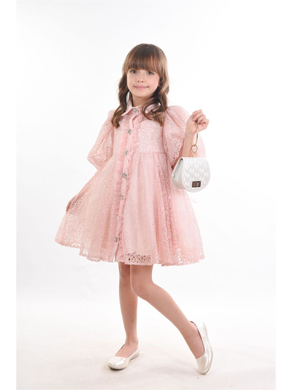 Pembe Kız Çocuk Abiye Elbise, Çanta Aksesuarlı, Yakalı ve Dantelli Kız Çocuk Elbisesi_M2424-6