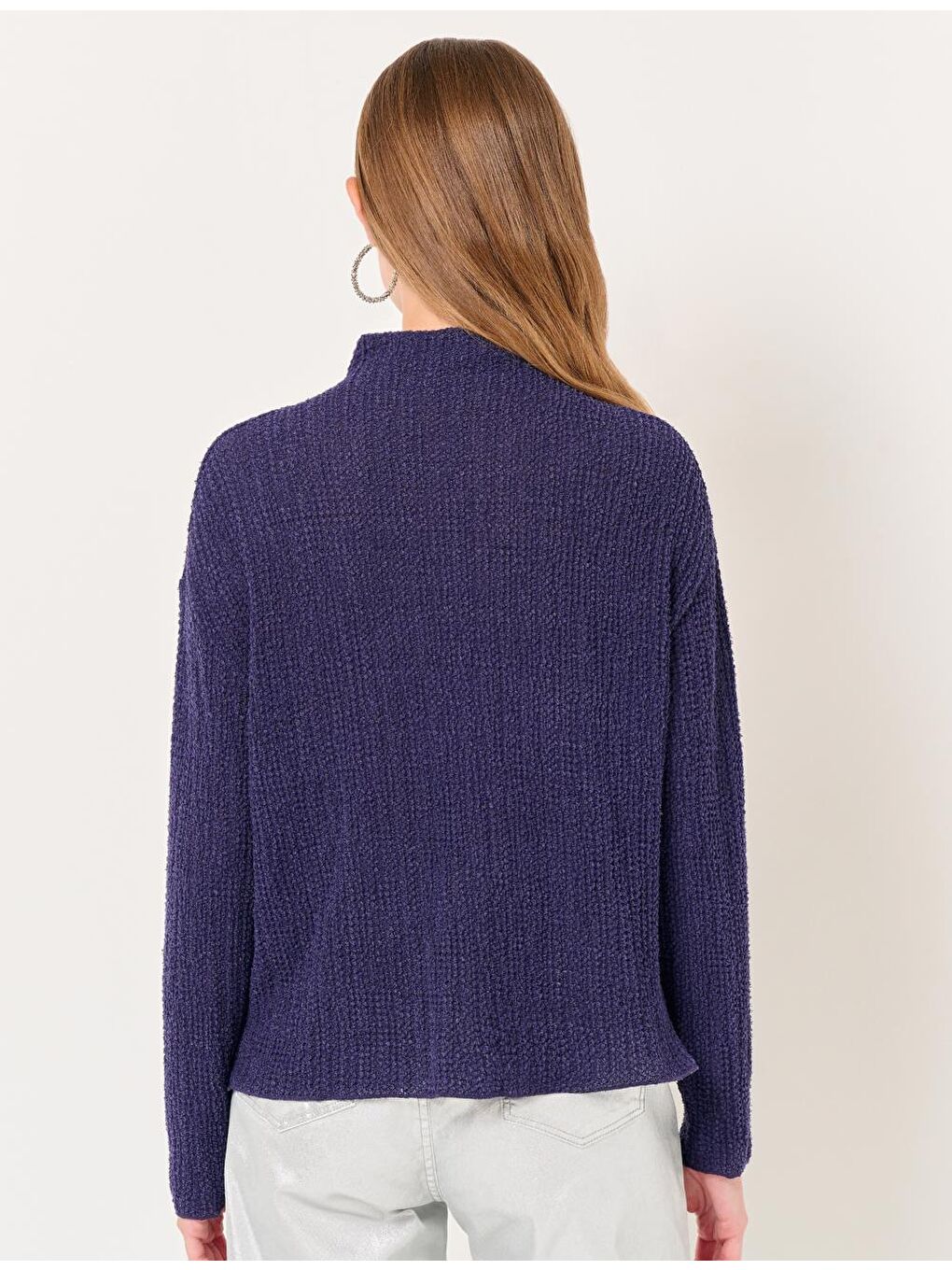 Mor Yarım Balıkçı Yaka Uzun Kollu Düz Bluz-5