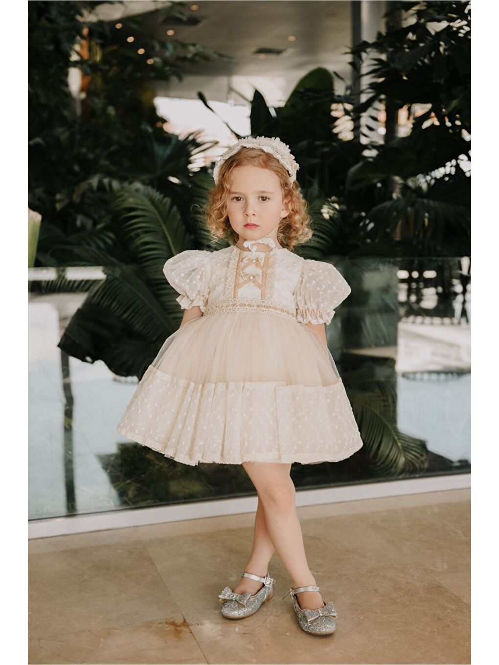 Ekru Saç Aksesuarlı Kız Çocuk Kısa Abiye Elbise_M2310-1
