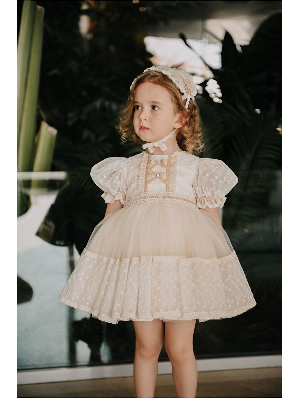 Ekru Saç Aksesuarlı Kız Çocuk Kısa Abiye Elbise_M2310-2