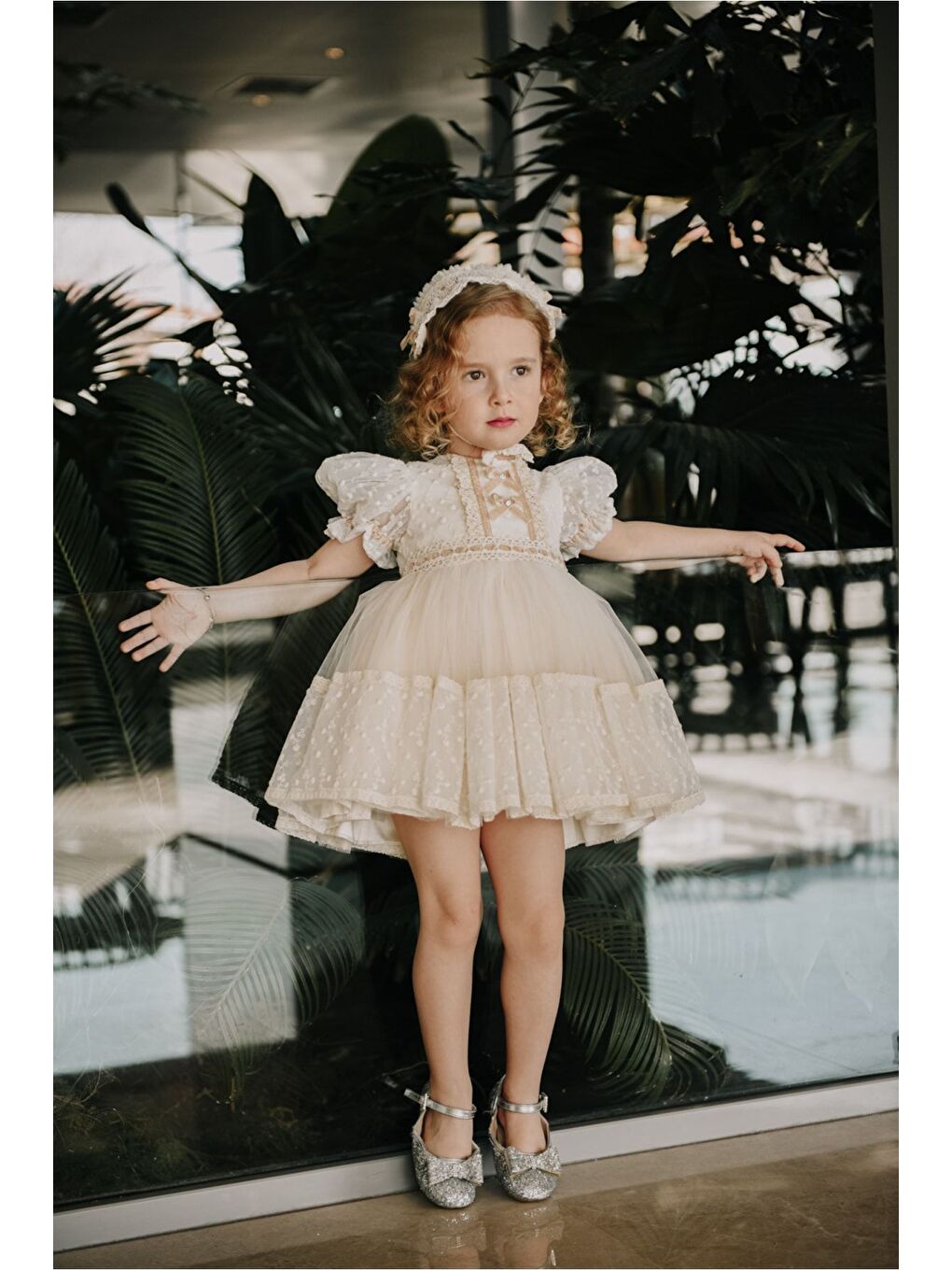 Ekru Saç Aksesuarlı Kız Çocuk Kısa Abiye Elbise_M2310-3