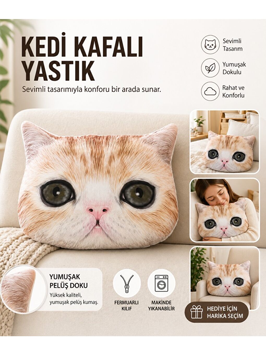 Sarı Sevimli Tasarımlı Pelüş Yastık 65x55 cm – Yumuşak Dokulu Dekoratif & Uyku Yastığı