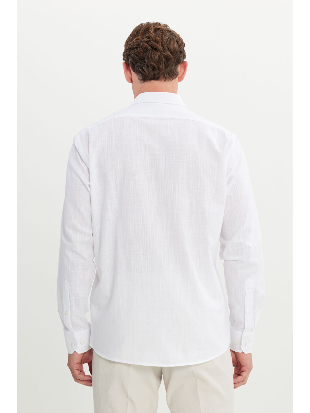 Erkek Beyaz Comfort Fit Rahat Kesim Gizli Düğme Yaka %100 Pamuk Flamlı Gömlek-4