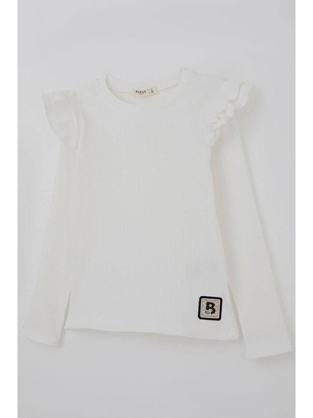 Kız Çocuk Uzun Kollu Tişört Arma Detaylı Omuzu Fırfırlı Ekru (5-10 Yaş)-2