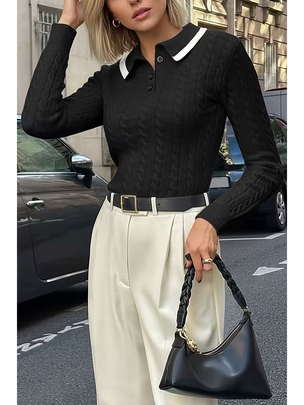 Siyah Polo Yaka Yarım Düğmeli Kadın Triko Kazak