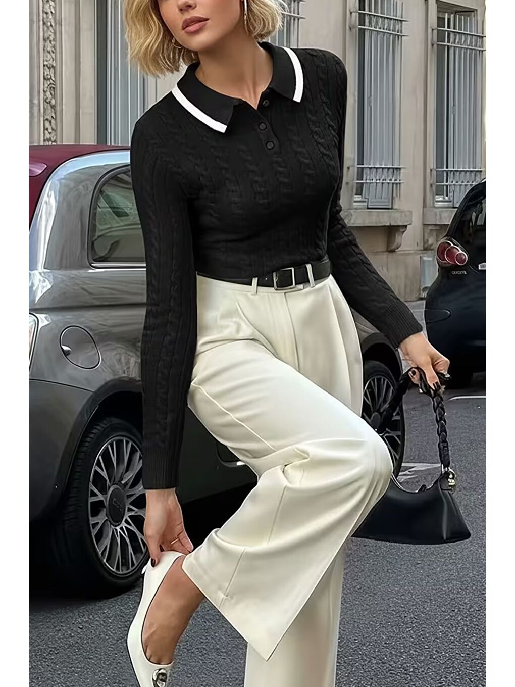 Siyah Polo Yaka Yarım Düğmeli Kadın Triko Kazak-1