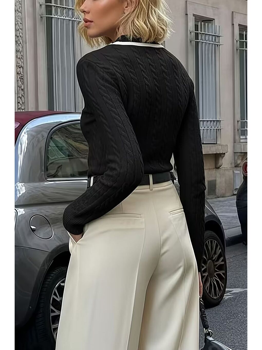 Siyah Polo Yaka Yarım Düğmeli Kadın Triko Kazak-2