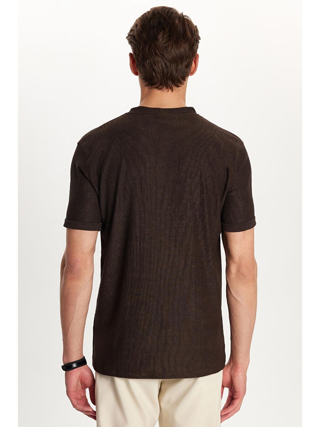 Erkek Slim Fit Dar Kesim Pamuklu Ribanalı Baskılı Kahverengi Bisiklet Yaka Tişört-4