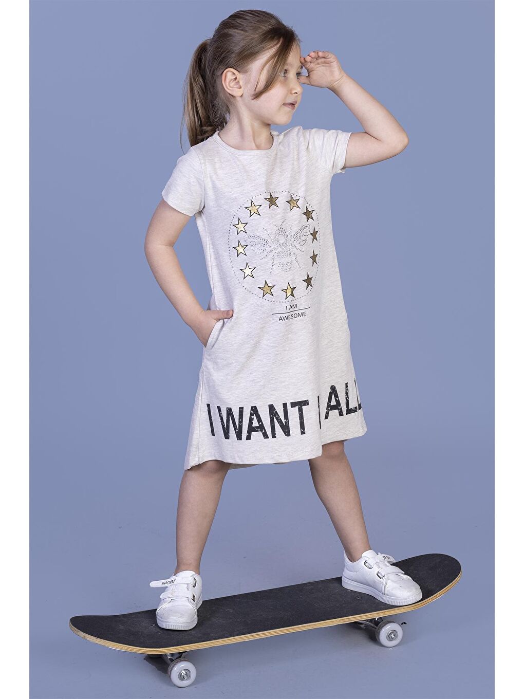 Toontoykids Kahve Melanj Kız Çocuk  I Want It All Baskılı Elbise