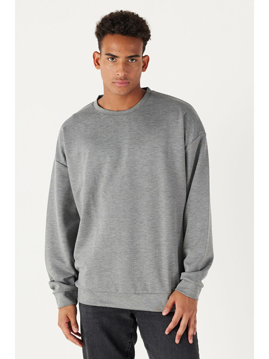 Erkek Gri Melanj Oversize Bol Kesim Bisiklet Yaka Düz Sweatshirt-1