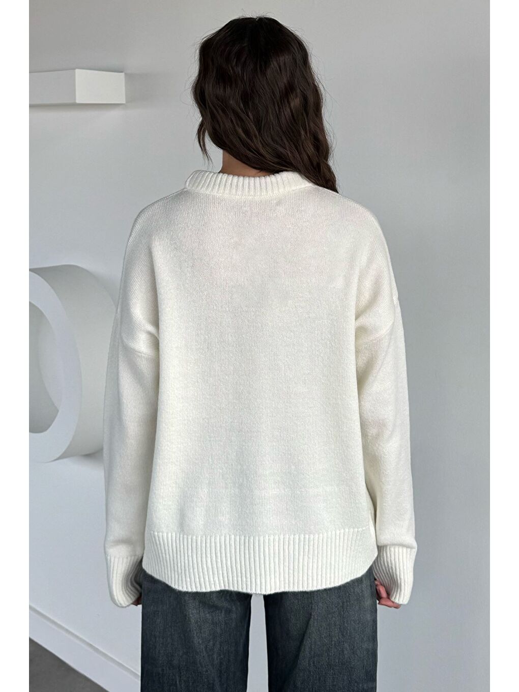 Ekru Kadın Bisiklet Yaka Fular Aksesuarlı Triko Kazak-3