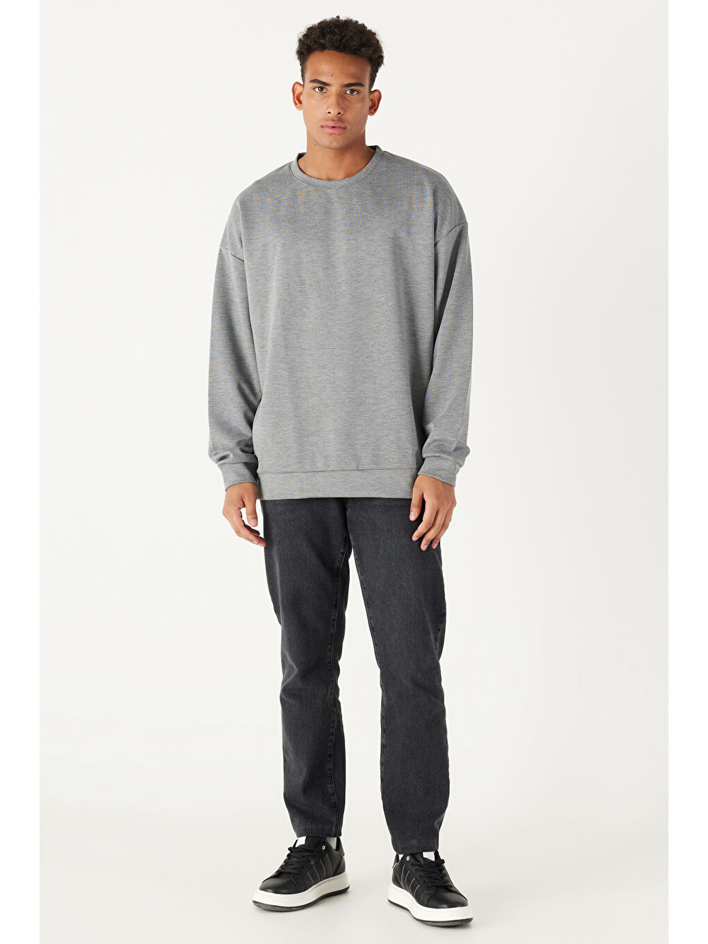 Erkek Gri Melanj Oversize Bol Kesim Bisiklet Yaka Düz Sweatshirt-2