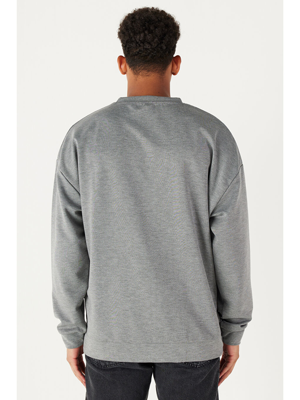 Erkek Gri Melanj Oversize Bol Kesim Bisiklet Yaka Düz Sweatshirt-4