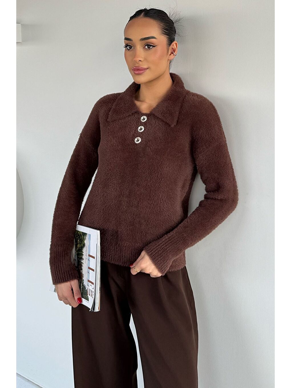 Kahverengi Gömlek Yaka Düğmeli Şardonlu Triko Kazak (s,m,l,xl Uyumludur)-1