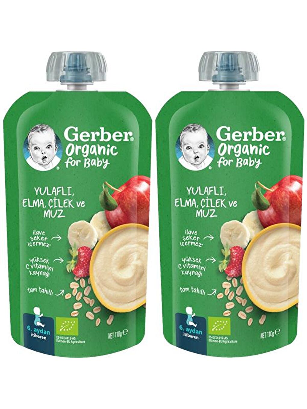 Gerber Renksiz Organic Yulaflı Elma, Çilek ve Muz Püresi 110g? x 2 Adet