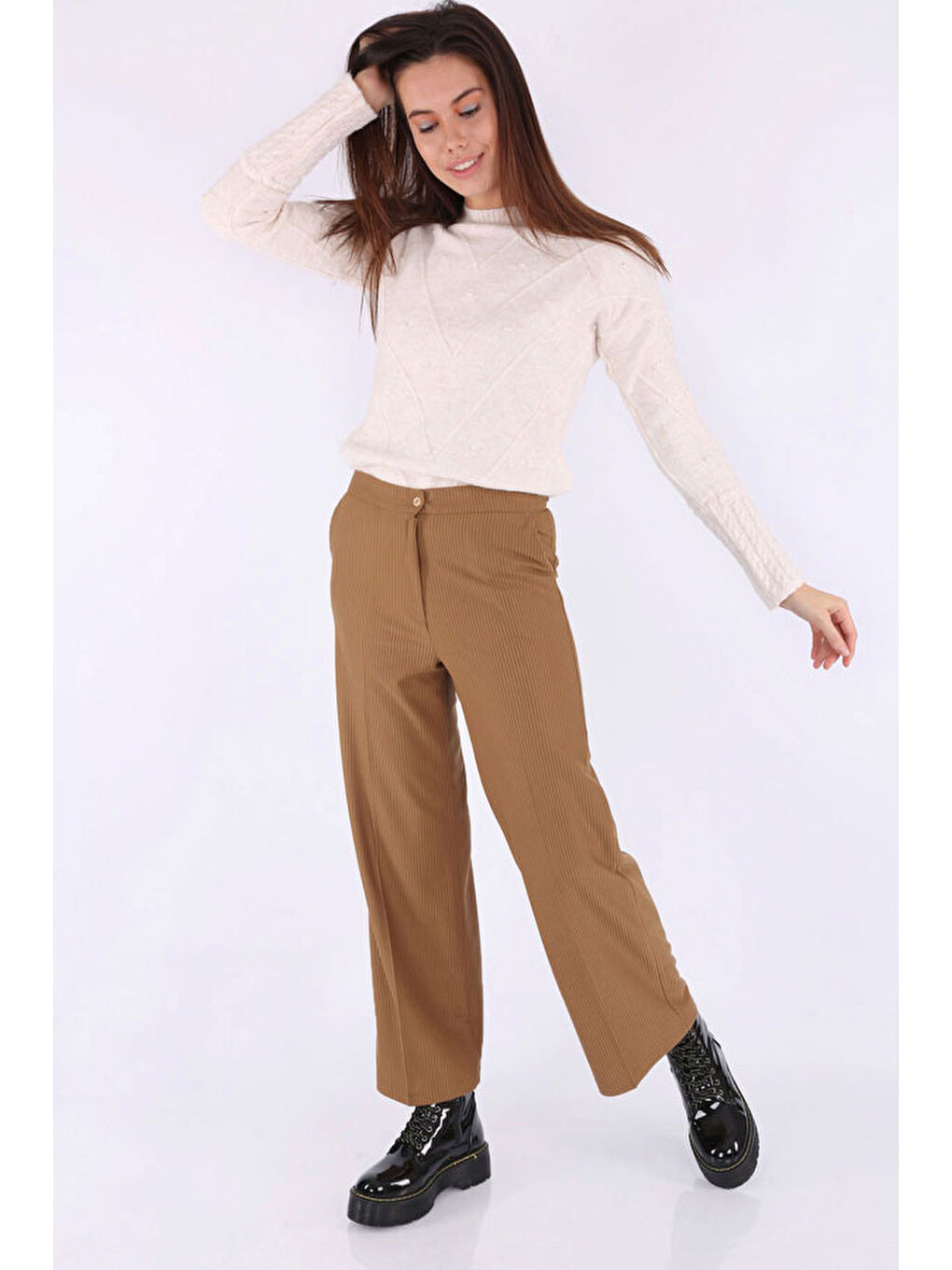 Sarı 6463 Fitilli Geniş Paça Pantolon - Hardal