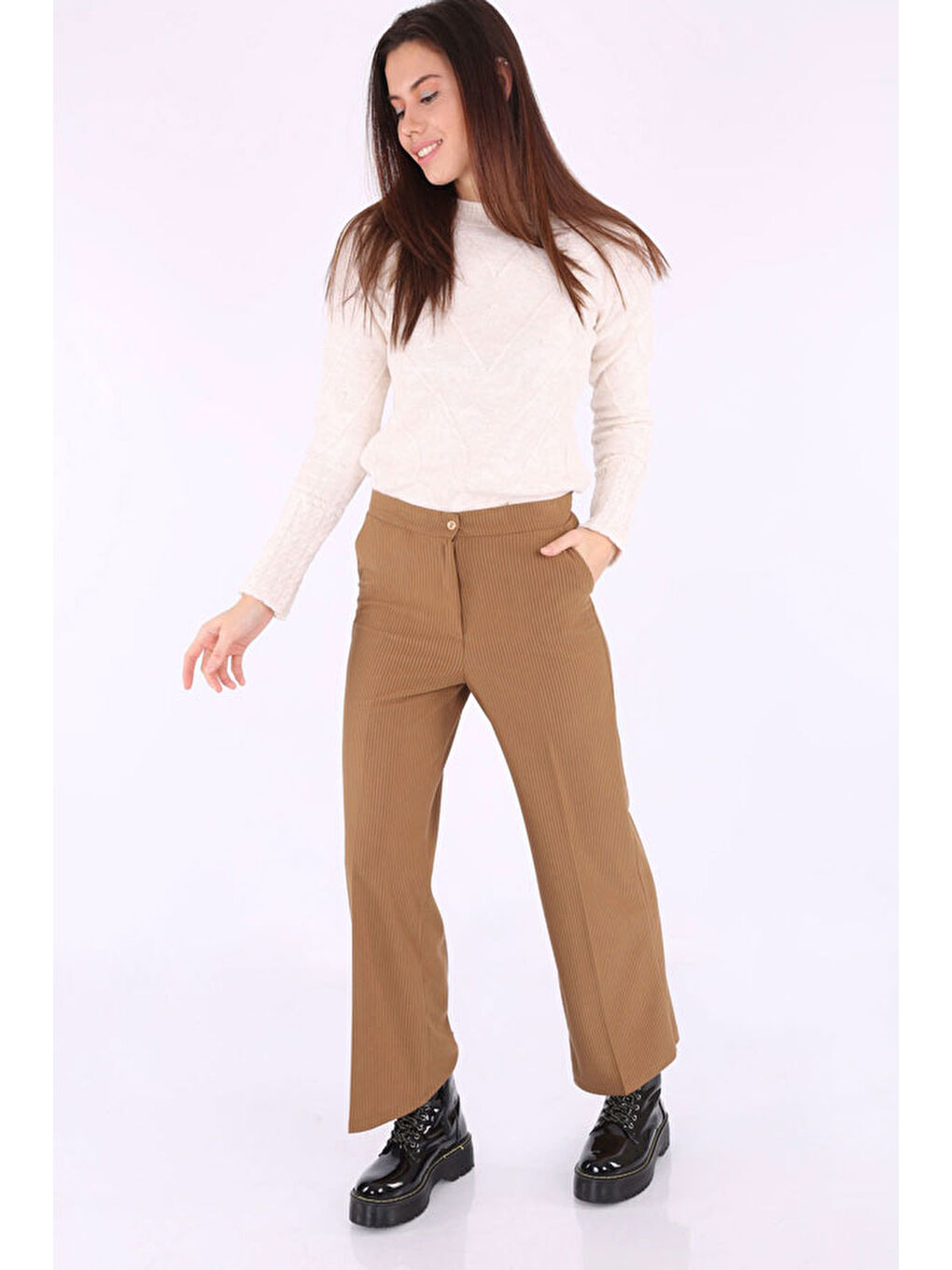 Sarı 6463 Fitilli Geniş Paça Pantolon - Hardal-1