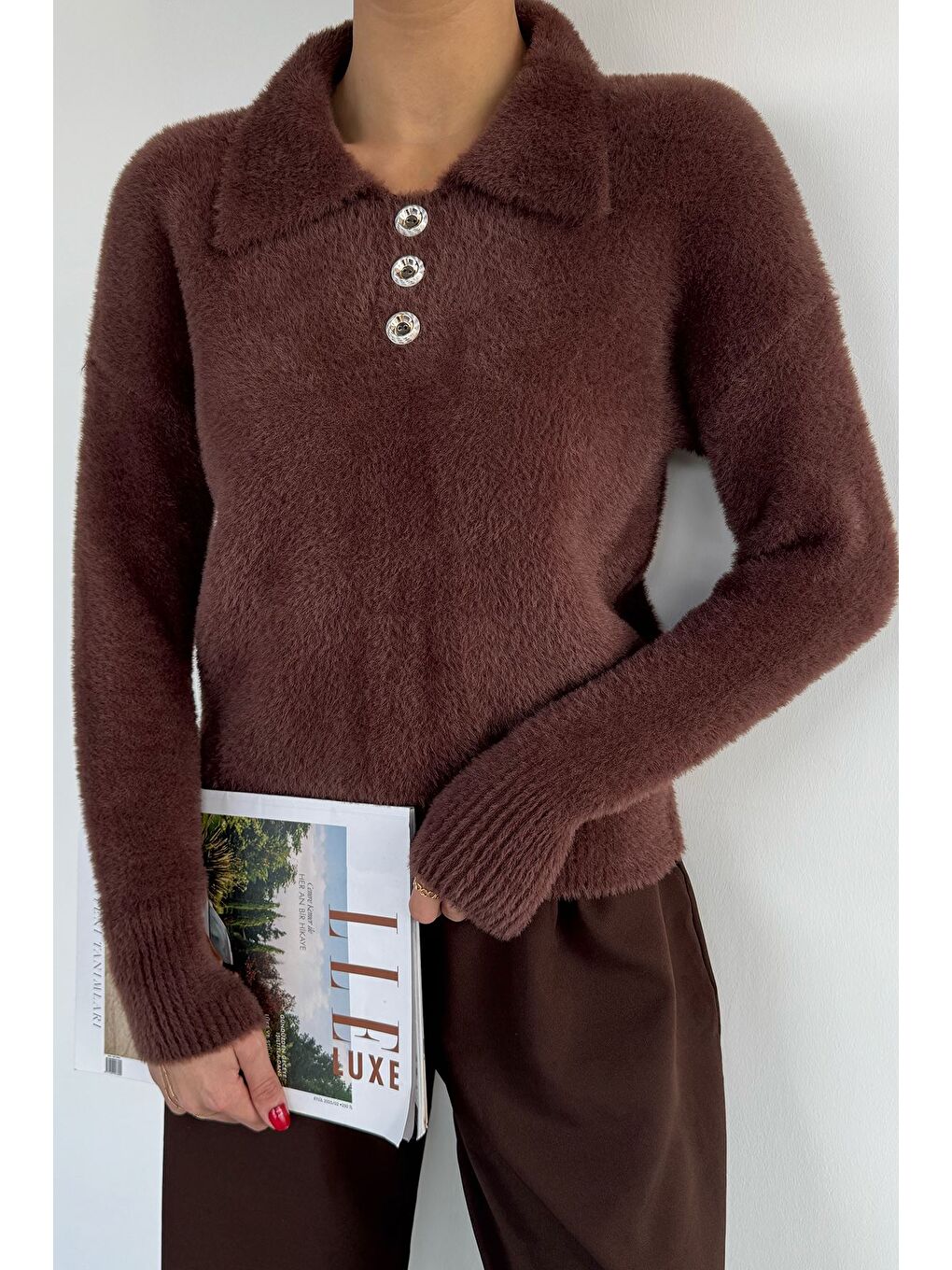 Kahverengi Gömlek Yaka Düğmeli Şardonlu Triko Kazak (s,m,l,xl Uyumludur)-2