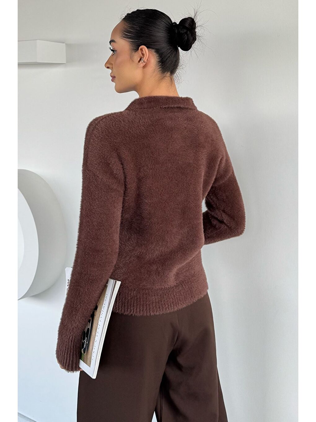 Kahverengi Gömlek Yaka Düğmeli Şardonlu Triko Kazak (s,m,l,xl Uyumludur)-3