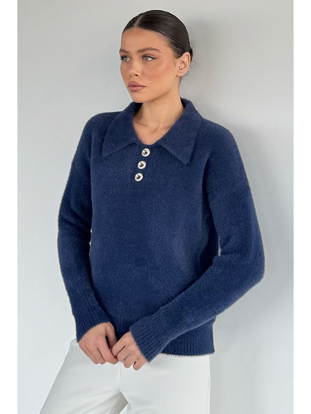 Lacivert Gömlek Yaka Düğmeli Şardonlu Triko Kazak (s,m,l,xl Uyumludur)-1