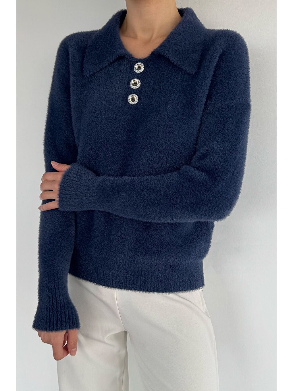 Lacivert Gömlek Yaka Düğmeli Şardonlu Triko Kazak (s,m,l,xl Uyumludur)-2