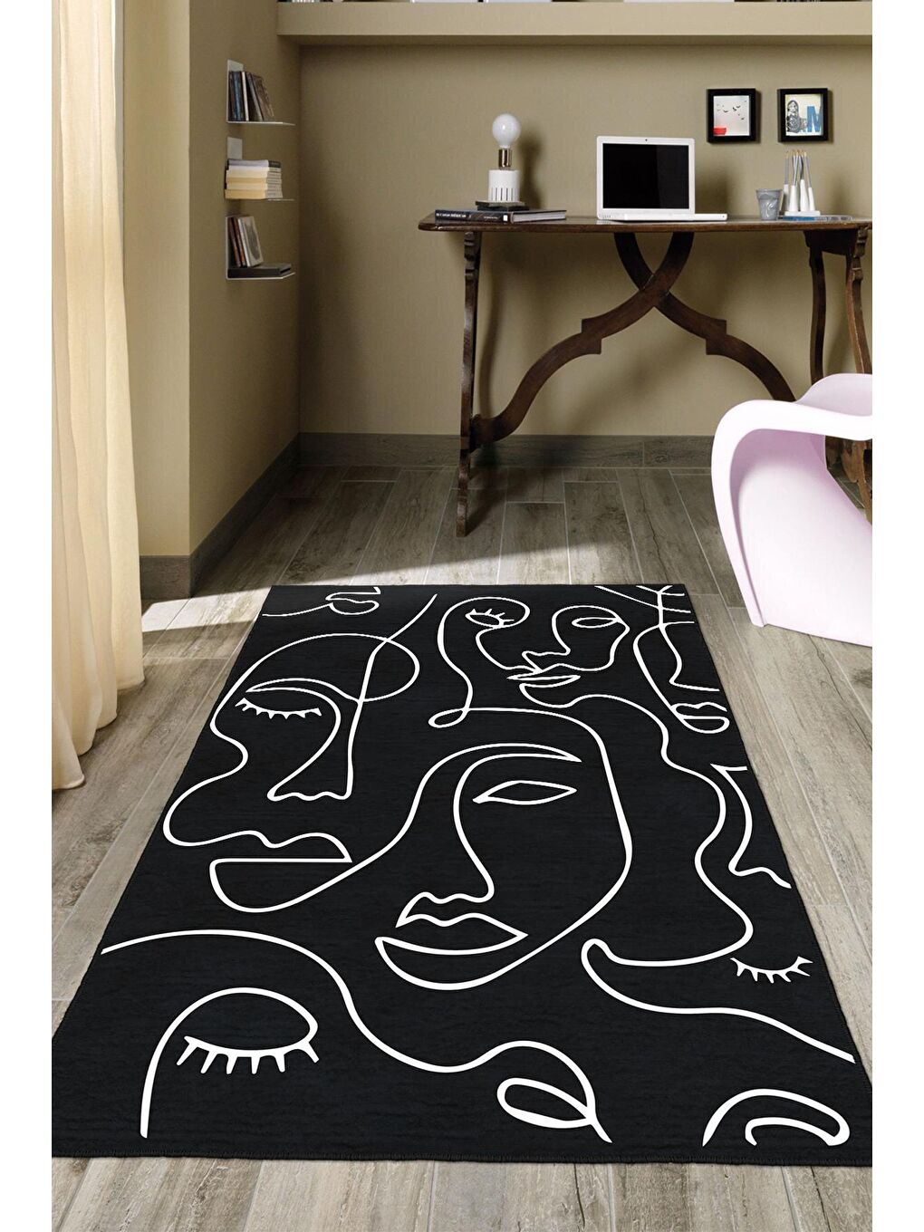 Siyah Dekoratif Özel Tasarım Yıkanabilir, Modern Halı  100 x 200 cm