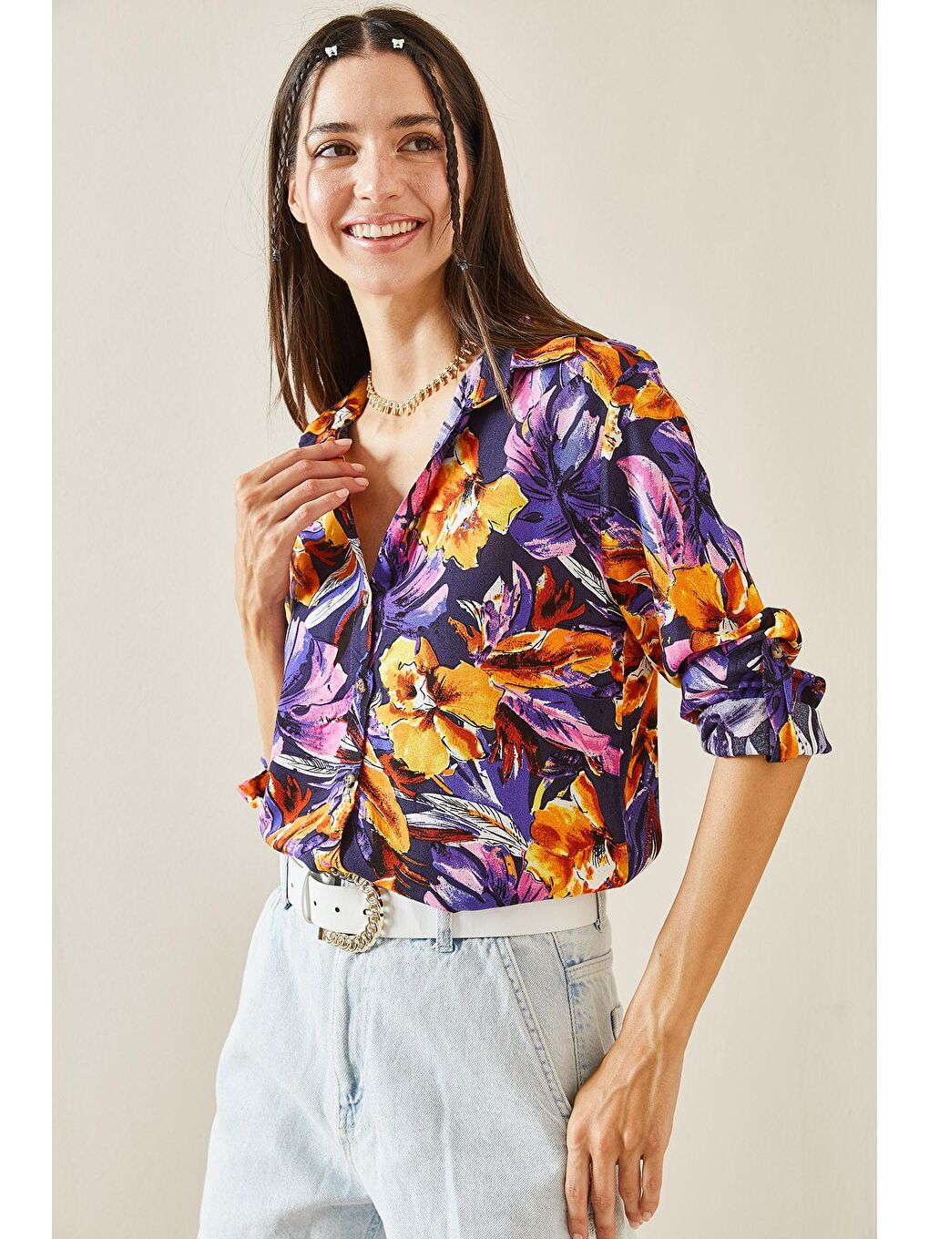 Mor Polo Yaka Desenli Gömlek 5YXK2-48823-06-4