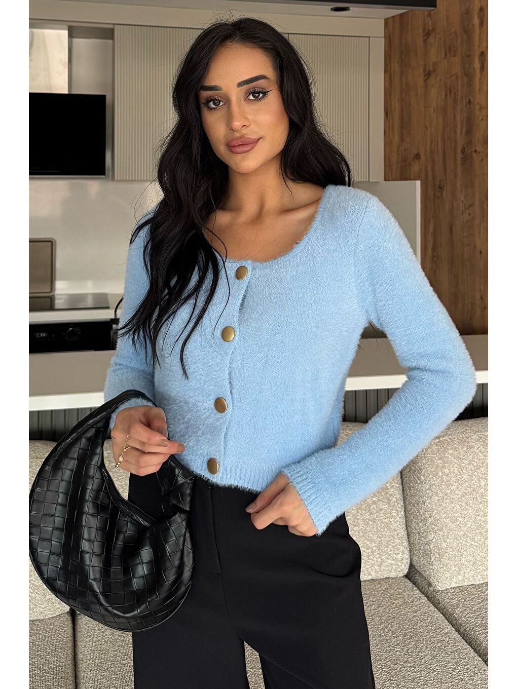 Mavi Şardonlu Kadın Crop Top Triko Hırka (s,m,l,xl Uyumludur)