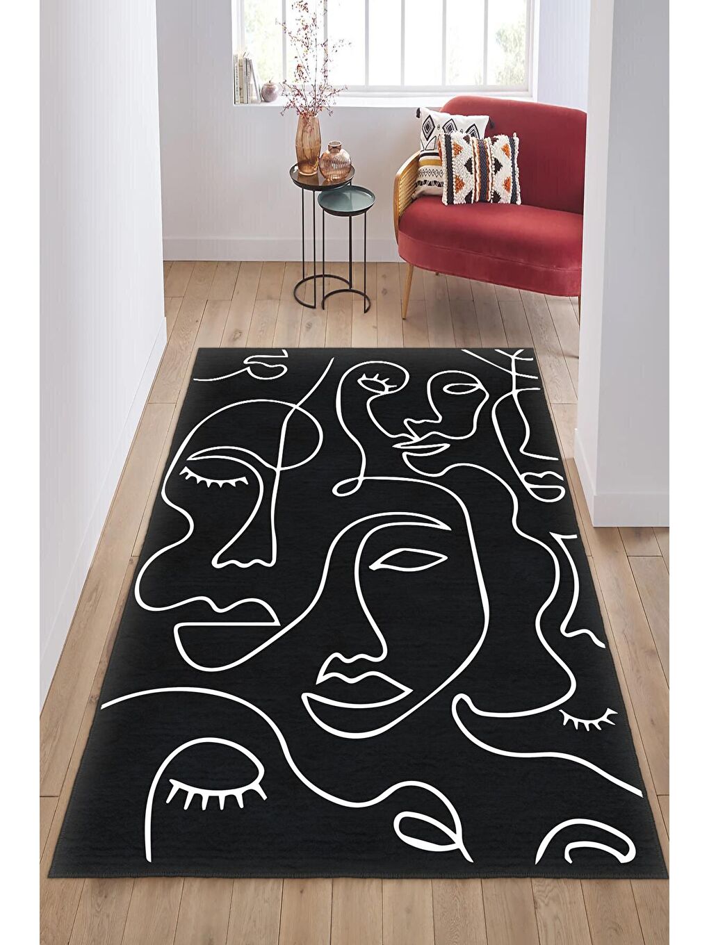 Siyah Dekoratif Özel Tasarım Yıkanabilir, Modern Halı  100 x 200 cm-1